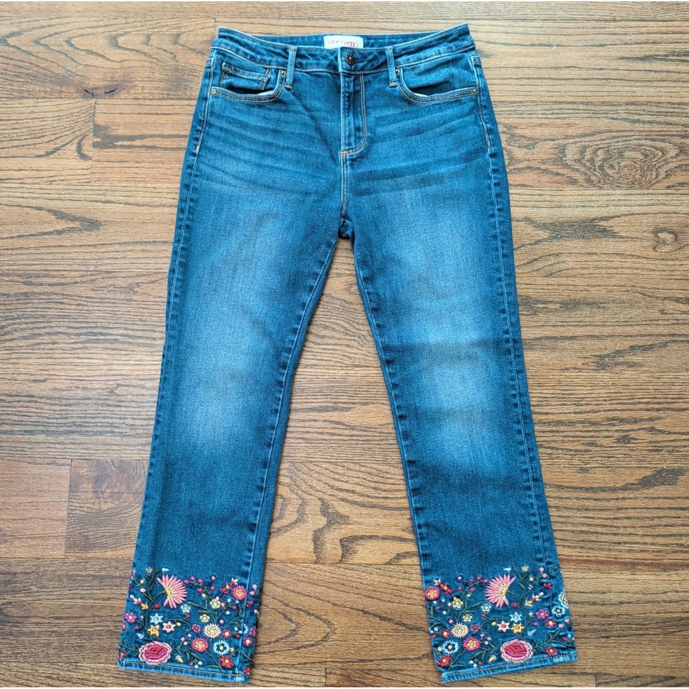 Driftwood Colette Straight Cropped Jeans Sz 28/26 Embroidered Floral Stretch